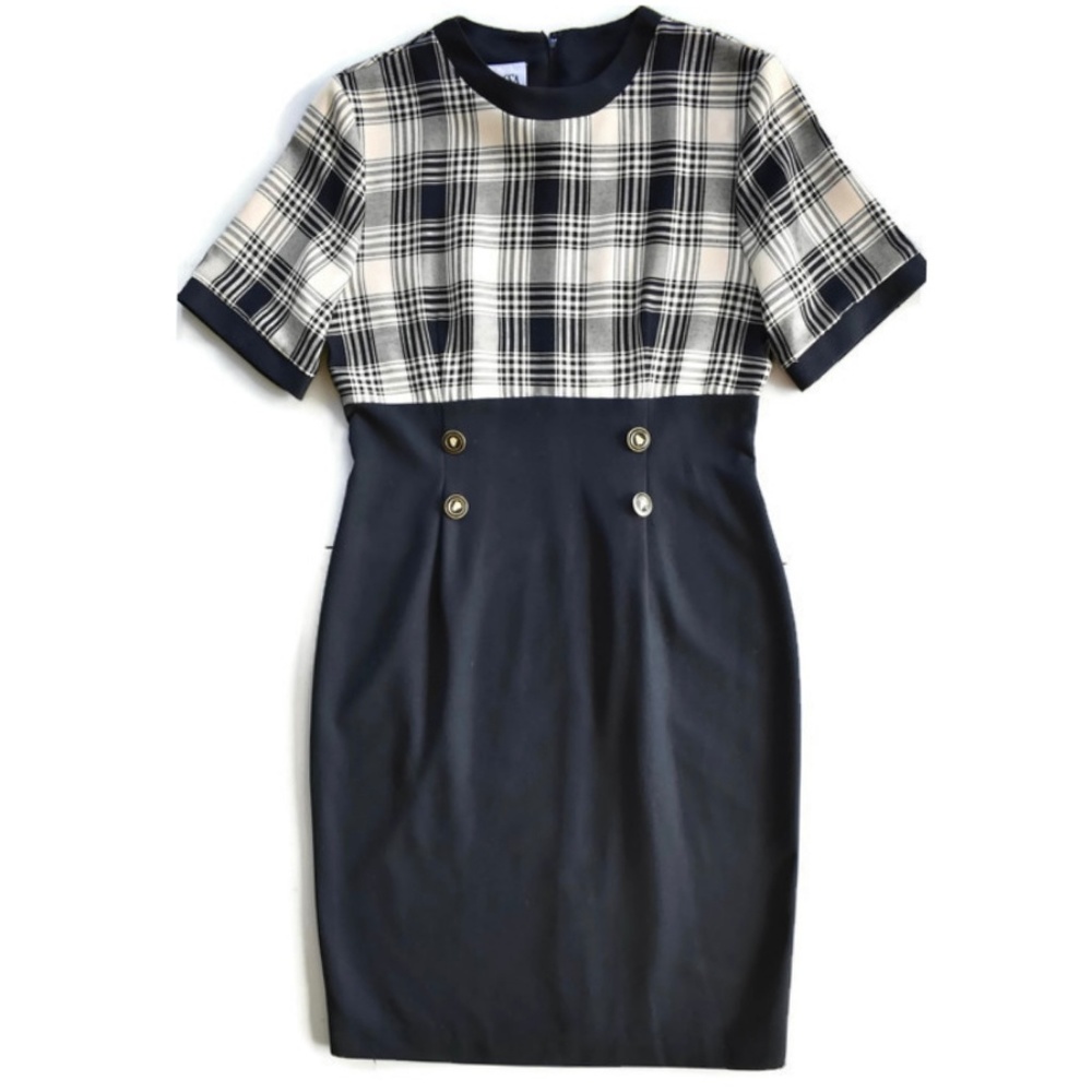 VTG 80s Black and Gold Plaid Career Dress M/L